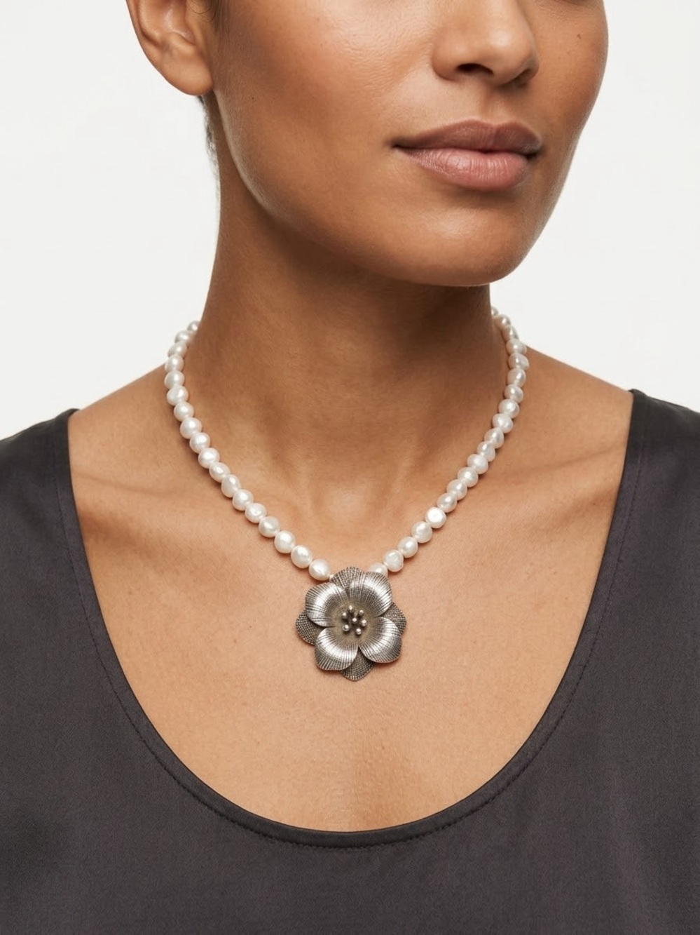 Genuine Pearl Bead Necklace with Silver Flower Pendant